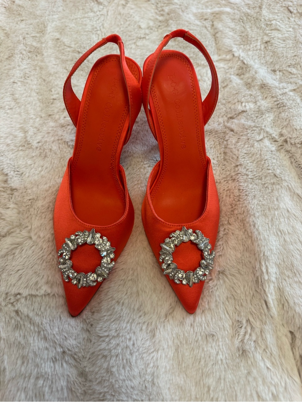 Vici Pammy Embellished Pointed Toe Slingback Heels in Orange